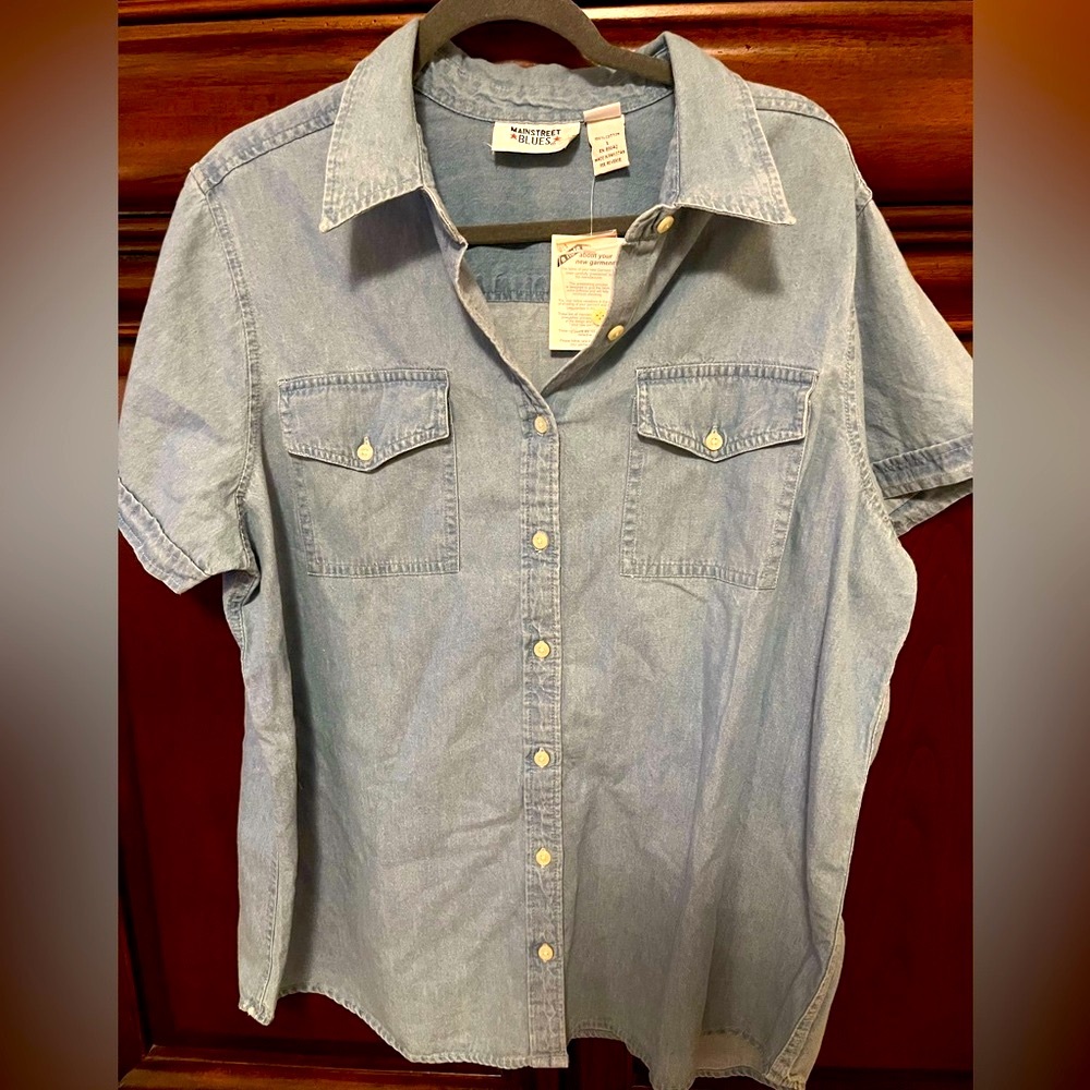 Vintage Main Street Blues Light Blue Denim Button Up Shirt New Large
